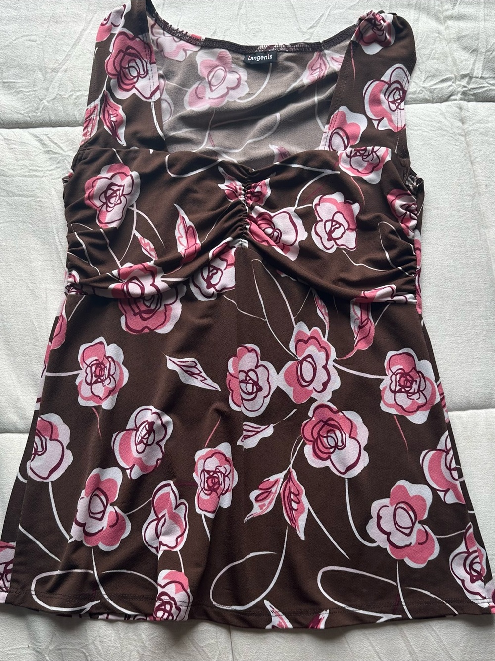tangonis Brown Floral Ruched Front Sleeveless Blouse